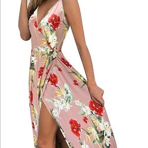 II ININ Deep V-neck Casual Backless Floral Split Maxi Dress Size Small